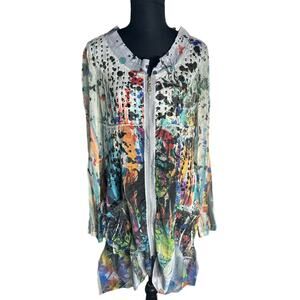 Fleur De Lis Colorful Watercolor Inspired Zip Front Sheer Tunic Top Size L